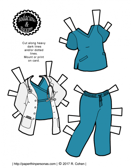 A nurse or doctor paper doll outfit with teal scrubs and a white lab coat. A free printable paper doll from paperthinpersonas.com in color or black and white.