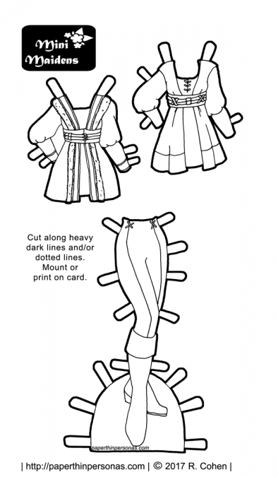 A paper doll coloring page featuring a three piece fantasy outfit with leggings and tunics. Free to print and color from paperthinpersonas.com.