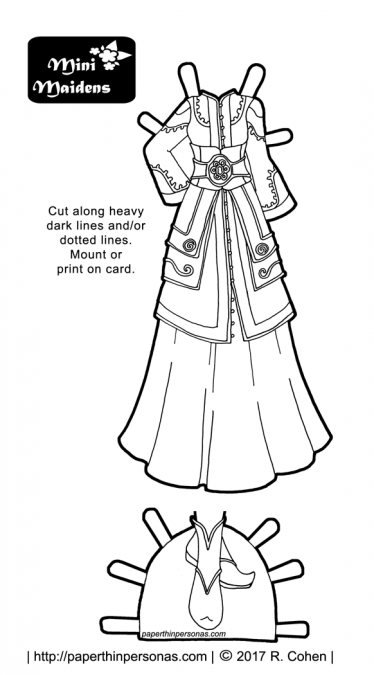A black and white printable paper doll fantasy outfit based on 19th century Turkish clothing with a caftan coat, plus boots from paperthinpersonas.com.