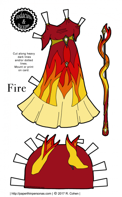 A fire inspired paper doll dress with matching boots. Part of the Sorceress Gowns' Project from paperthinpersonas.com. Free to print in color or black and white. 