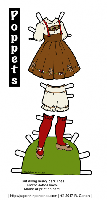 A paper doll Gretel costume from the fairy tale Hansel and Gretel featuring a brown jumper, blouse, bloomers and stockings. The paper doll costume can be worn by the Poppets paper doll series. 