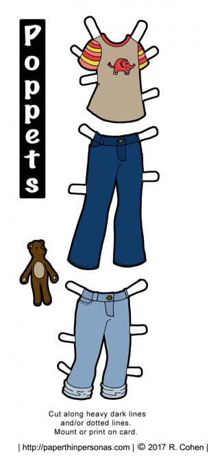 Two pairs of paper doll jeans and a t-shirt for the Poppet printable paper doll series from paperthinpersonas.com.