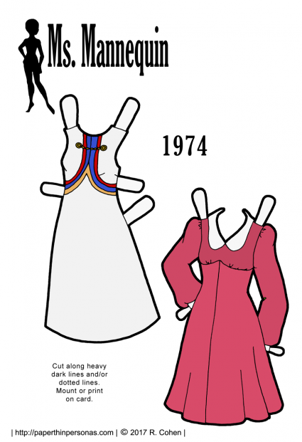 A pair of 1970s dresses for the printable paper doll series Ms. Mannequin from 1974. Both are based on sewing patterns from the era.