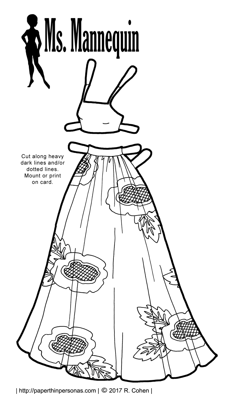 A pair of 1970s dresses for the printable paper doll series Ms. Mannequin from 1974 to print and color. Both are based on sewing patterns from the era.