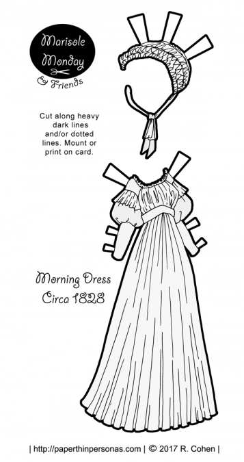 An 1820s morning dress for the Marisole Monday & Friends printable paper doll series from paperthinpersonas.com. Free to print and play with.