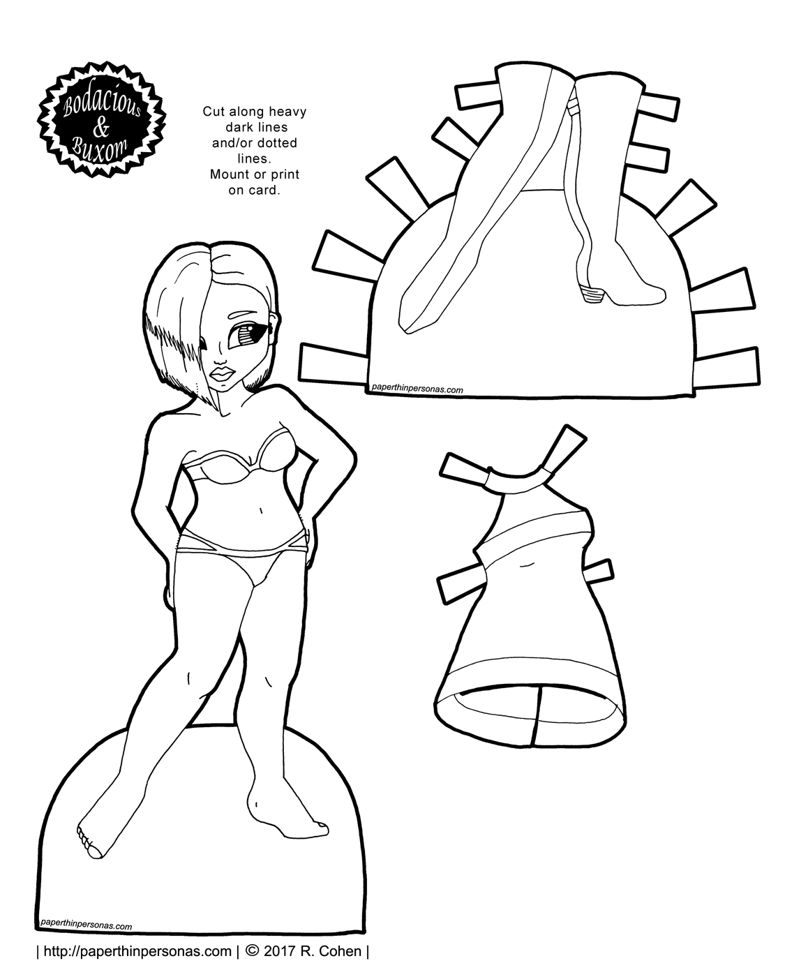 A curvy retro alien paper doll to print with pink boots and a pink dress. Free to print from paperthinpersonas.com.