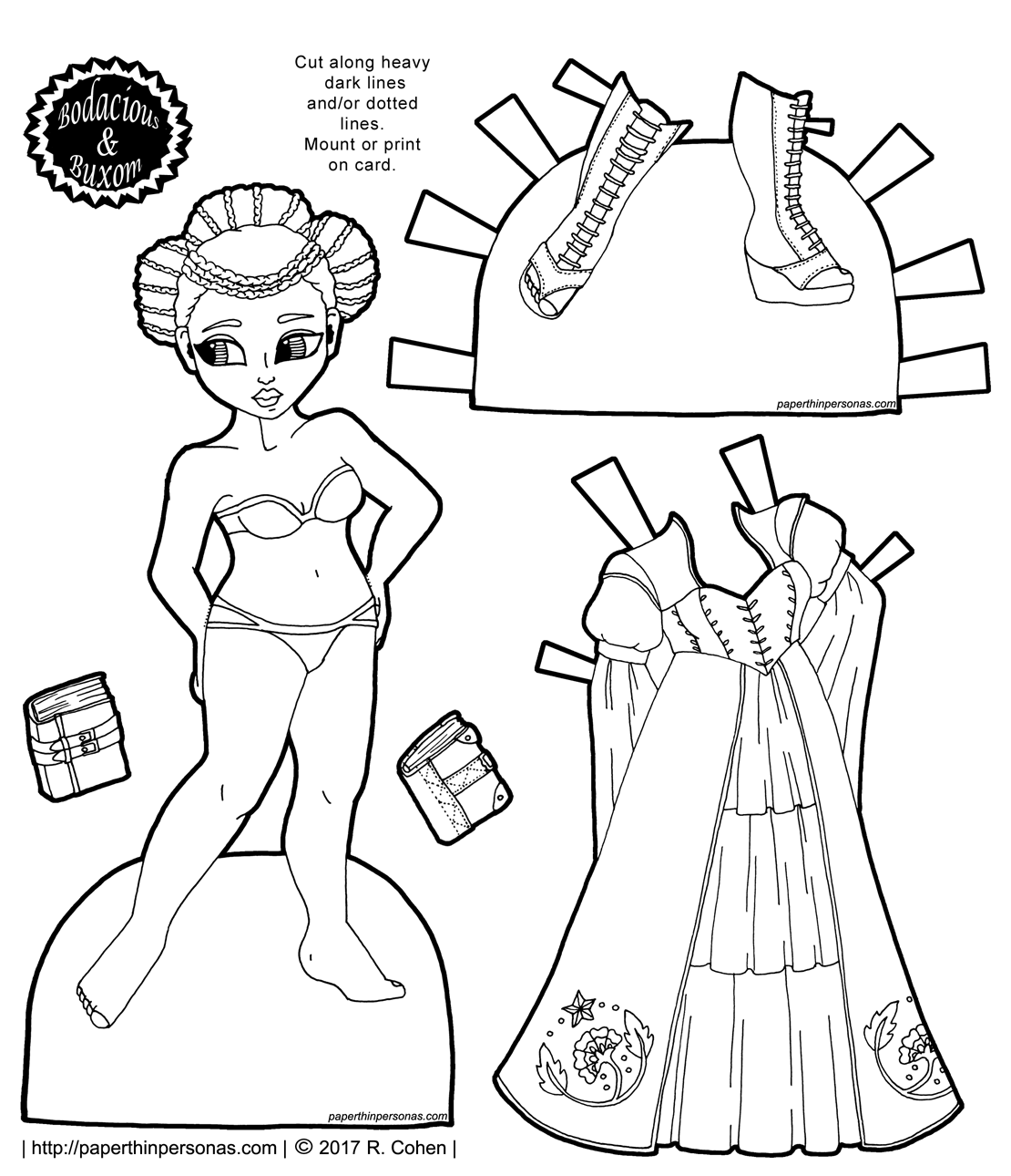 A curvy paper doll with an elaborate updo decorated with braids and a gown with boots. Free printable coloring page in black and white from paperthinpersonas.com.