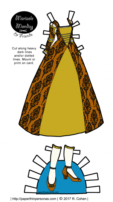 A printable paper doll fantasy gown inspired by the dress of the European Renaissance for the Marisole Monday & Friends paper doll series. Free to print from paperthinpersonas.com.