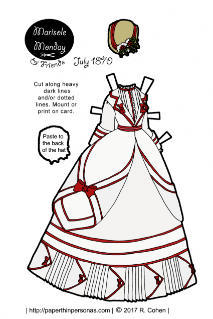 A beautiful Victorian printable paper doll bustle dress based on a dress from 1870. Free to print in color or black and white from paperthinpersonas.com.