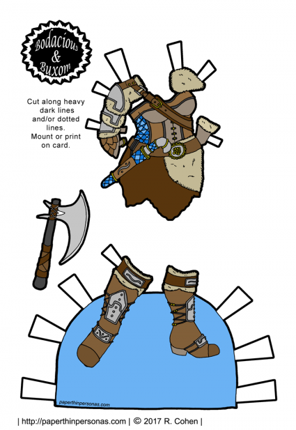 Wildly impractical Viking inspired armor with an axe and boots for a printable paper doll. 