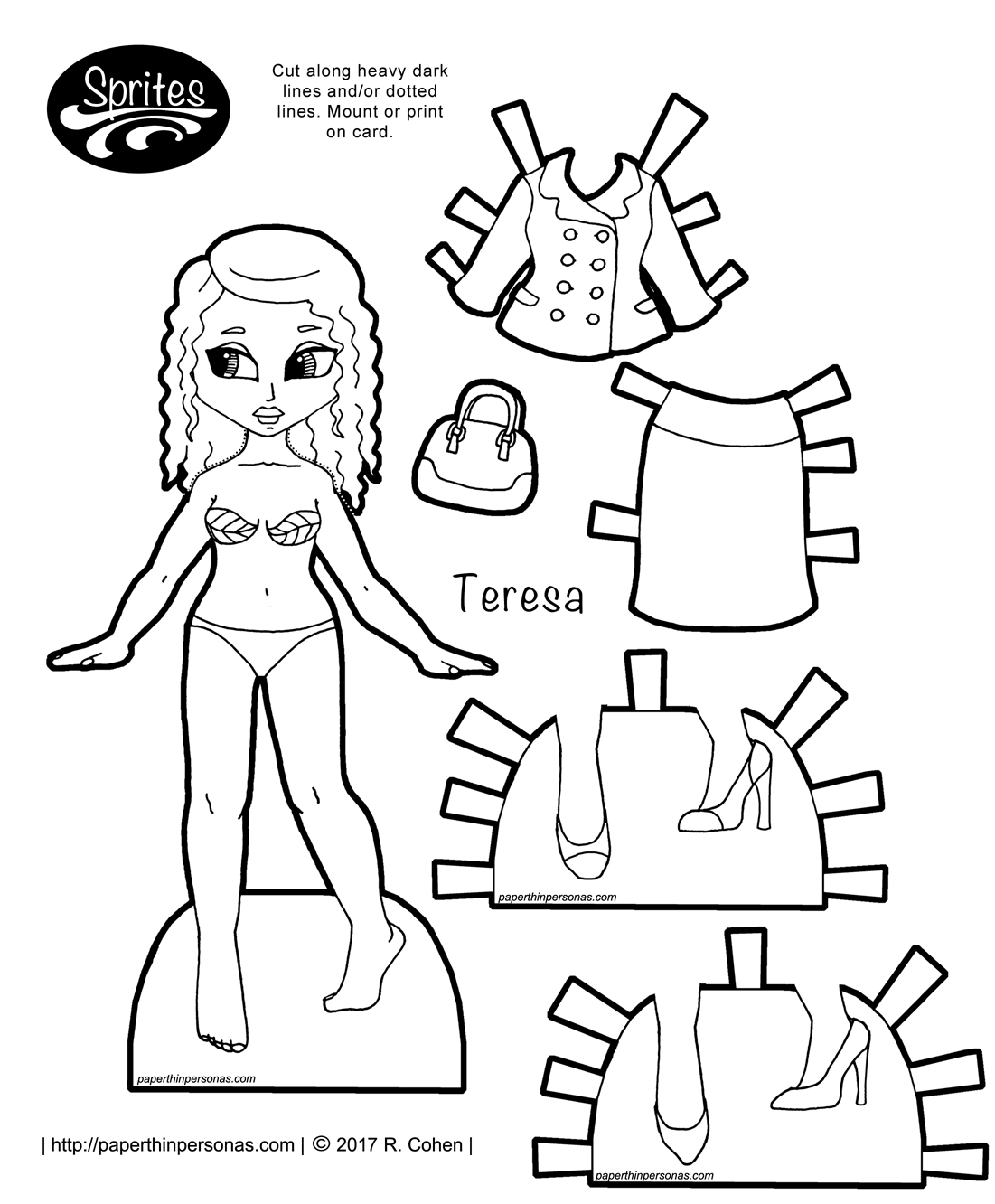 A latina fantasy paper doll based on clothing from the 12th century with a bliaut, shoes and long long braids. Print and color her from paperthinpersonas.com