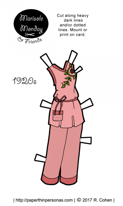 A pair of 1920s paper doll pajamas for the Marisole Monday and Friend's paper doll series. The pajamas are based on a design from the 1920s and are pink trimmed in dark pink.