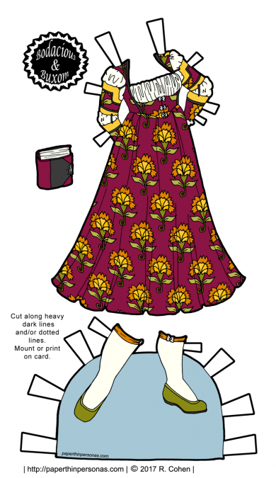 A fantasy paper doll gown inspired by the renaissance with stockings and shoes with a book as an accessory.