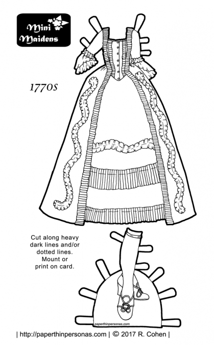 A paper doll dress based on the designs of the 1770s. The dress has matching shoes and stockings. It is black and white for coloring and fits the Mini-Maiden paper dolls.