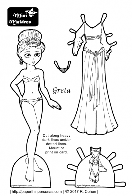 A black and white paper doll coloring sheet with a doll and her ancient Greek inspired fantasy gown with a necklace and sandals. She can share clothing with any of the Mini-Maiden paper dolls from paperthinpersonas.com.