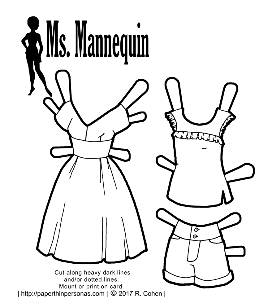 A set of summery paper doll fashions with shorts, a sundress and blouse to print and color.