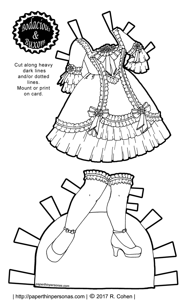 A paper doll Princess Lolita outfit with thigh high socks from paperthinpersonas.com. Available in color or black and white for coloring.