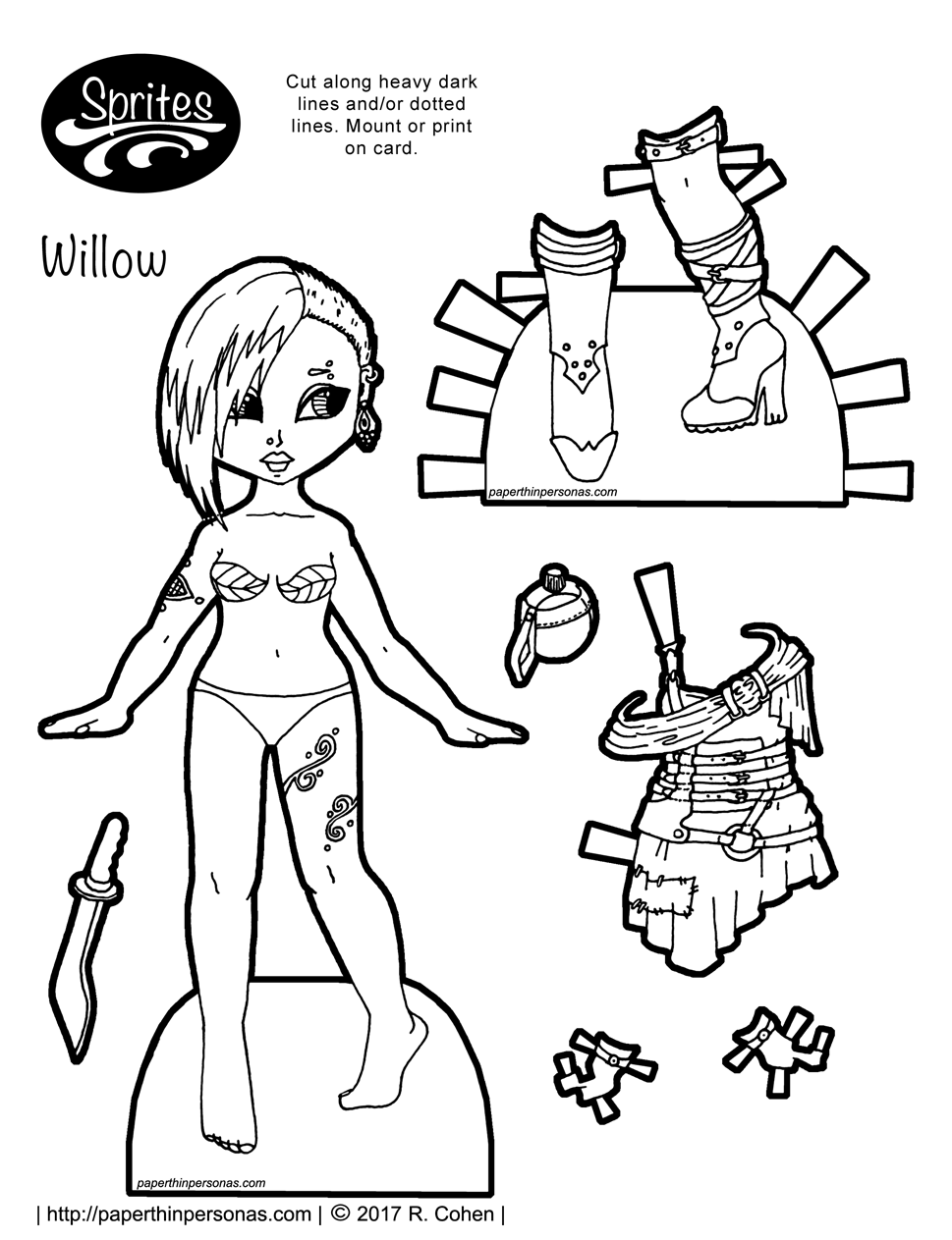 A post-apocalyptic fashion printable paper doll with a dress, boots and tattoos. Free to print, color, and play with from paperthinpersonas.com.