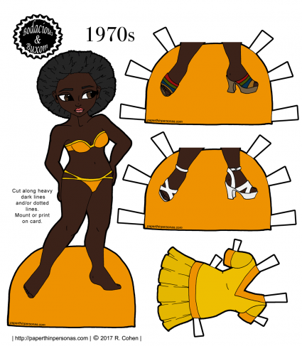 A black paper doll with an afro and 1970s fashion with shoes and a dress. Free to print from paperthinpersonas.com. 