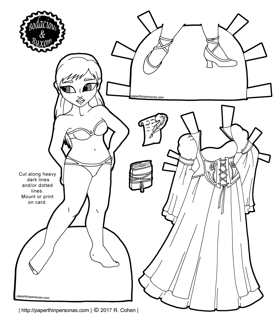 A curvy fairy paper doll with afro-puffs, two pairs of shoes and a lavender dress. Free to print from paperthinpersonas.com..