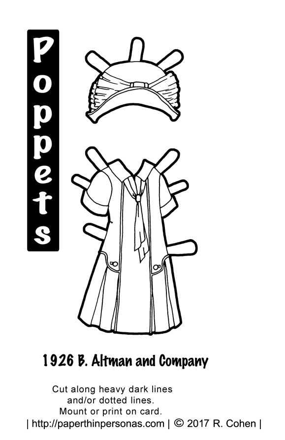 A historical vintage 1926 printable paper doll dress to color with matching hat for the Poppets printable paper doll series from paperthinpersonas.com.