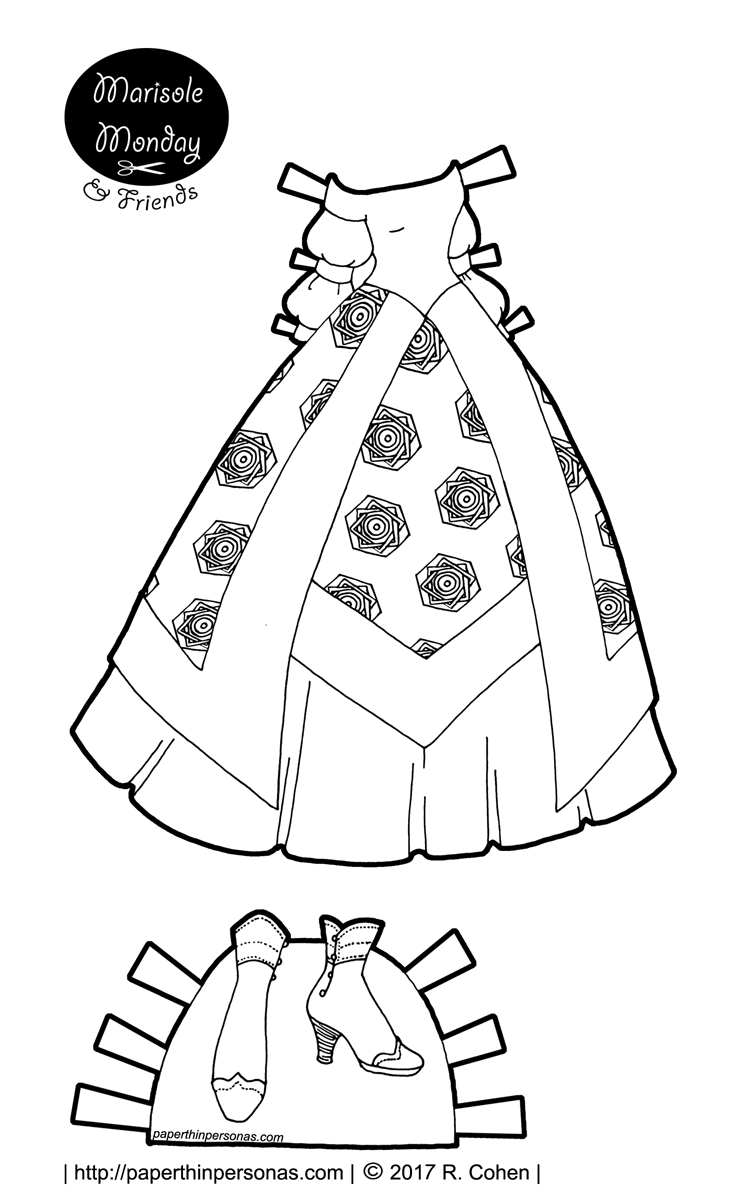 A fantasy princess paper doll ball gown to print, color, and play with. One of hundreds of paper dolls to print from paperthinpersonas.com.