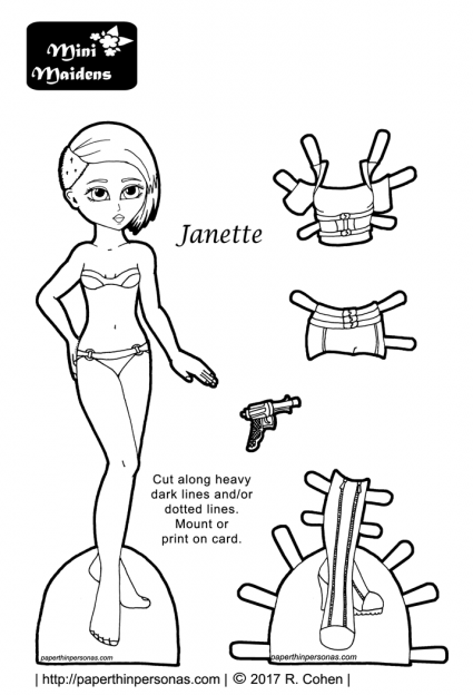 A printable paper doll in black and white to color with a science fiction inspired outfit. Her outfit is a shirt with a harness, very short shorts and a pair of knee high boots with zipper detailing. She also has a ray-gun.