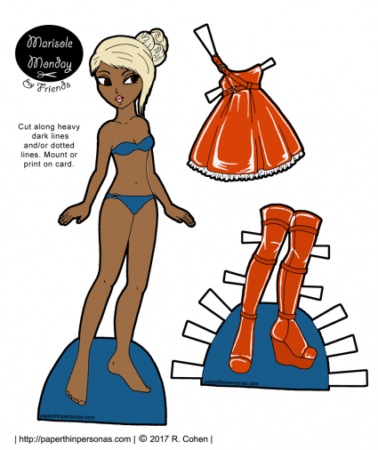 An african american paper doll with blond hair and a cyberpunk inspired dress with thigh high boots. She's part of the Marisole Monday paper doll series and is one of hundreds of paper doll designs. 