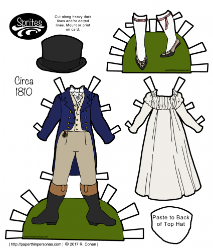 A set of regency paper doll clothing to print from paperthinpersonas.com with a man's suit and a woman's day dress and shoes. The pieces are designed to fit the Sprite paper doll series. 