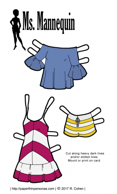 A set of summery paper doll fashions with shorts, a sundress and blouse from paperthinpersonas.com.