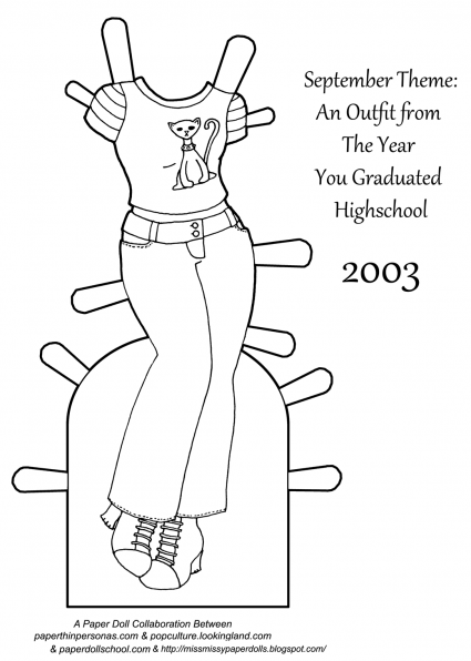 A black and white paper doll outfit coloring page from the year 2003, which was the year I graduated high school.