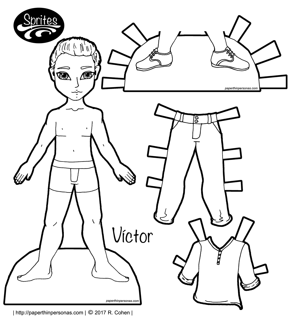 Víctor, a Latino printable paper doll, and a set of contemporary clothing in black and white for coloring.