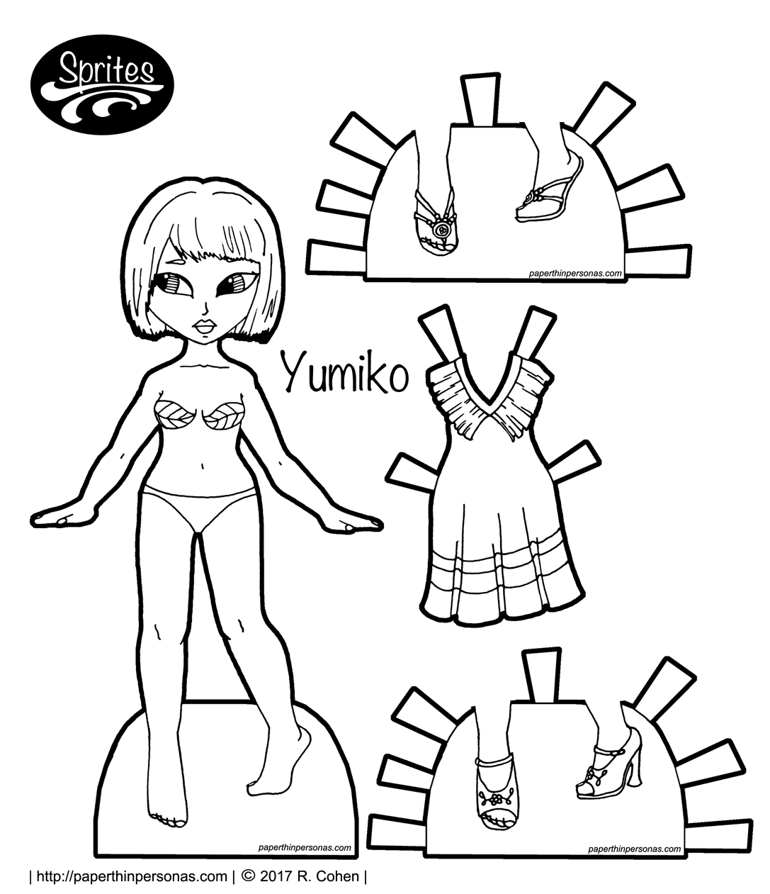 A post-apocalyptic fashion printable paper doll with a dress, boots and tattoos. Free to print, color, and play with from paperthinpersonas.com.