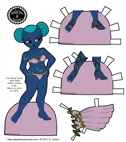 A curvy blue skinned fairy paper doll with afro-puffs, two pairs of shoes and a lavender dress. Free to print from paperthinpersonas.com.