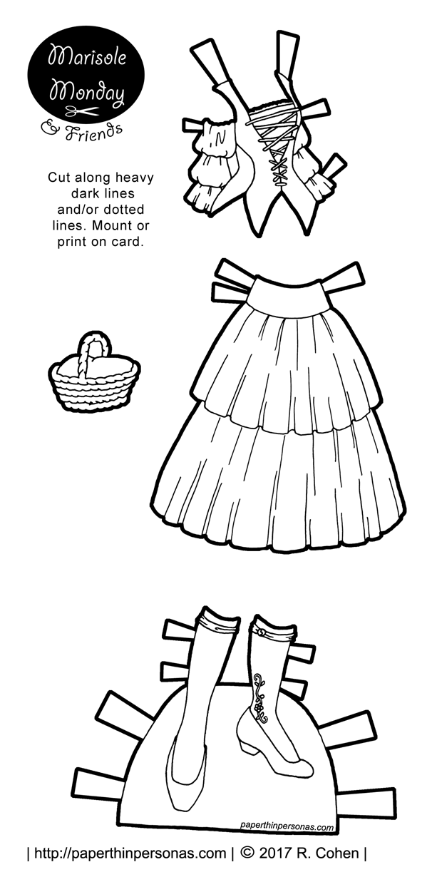 A 15th century dress for a paper doll with a headdress based on manuscript illustrations to print and color from paperthinpersonas.com.