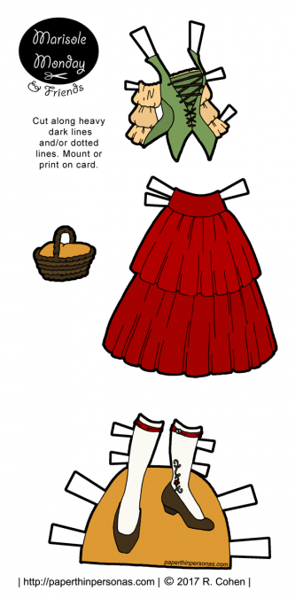 A paper doll fantasy dress with a corset top and full skirt. Matching shoes with white stockings from paperthinpersonas.com. Free to print in color or black and white. 