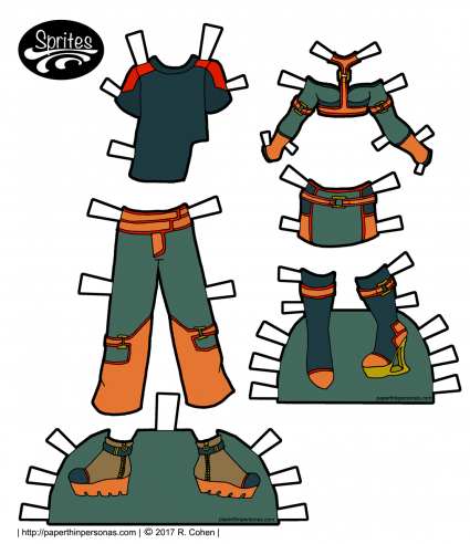 A set of original cyberpunk paper doll clothing designs for the Sprites printable paper doll series from paperthinpersonas.com.