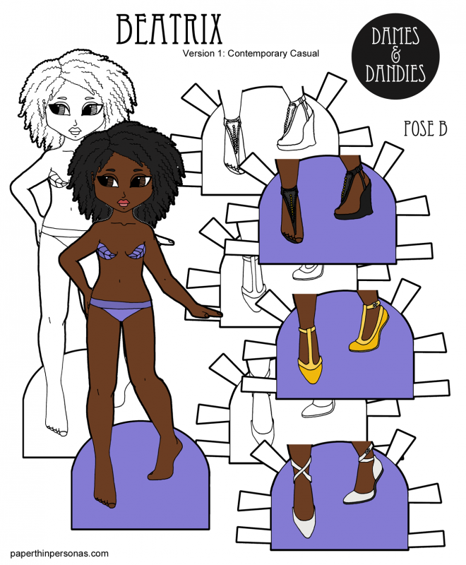A black paper doll with curly natural hair to print in color or black and white for coloring from paperthinpersonas.com. She comes with three pairs of shoes. 