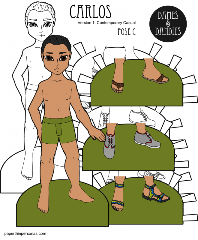 A male Latino paper doll named Carlos with three pairs of shoes. Free to print in color or black and white. 