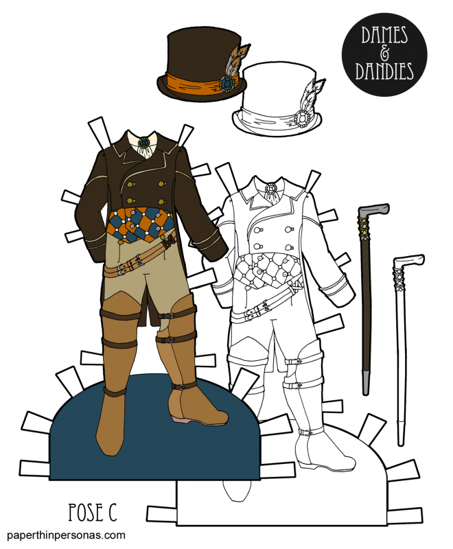 An elegant men's steampunk suit for the guy paper dolls from paperthinpersonas.com. Available in color or black and white. 