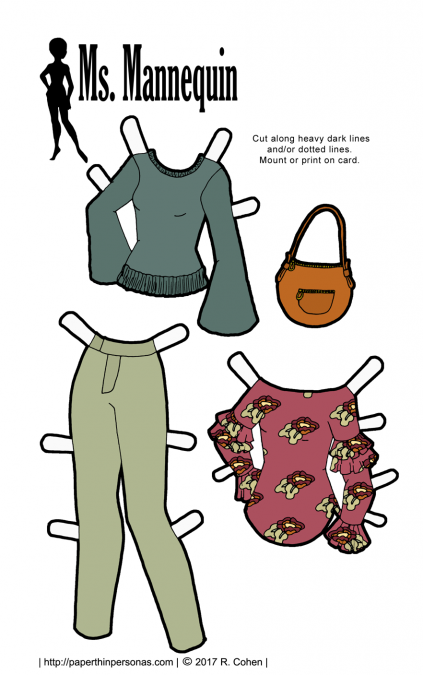 Trendy paper doll clothing to print for free for the Ms. Mannequinn paper dolls. A sweater, a pair of pants, and a floral blouse, plus a matching purse. 