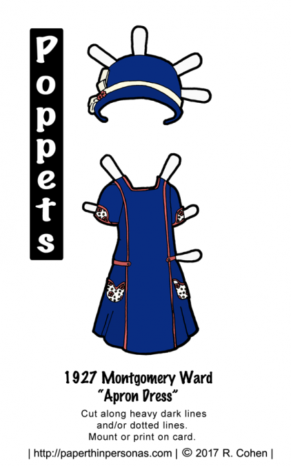 A paper doll dress based on a 1927 design for an 'apron dress' with a matching hat in blue and coral pink. Free to print from paperthinpersonas.com.