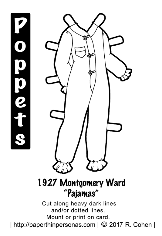 A pair of 1920's pajamas based on designs sold by the Montgomery Ward department store in 1927 for the Poppets printable paper dolls from paperthinpersonas.com..