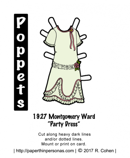 A printable paper doll party dress from 1927. The dress is trimmed in ribbons and roses. 