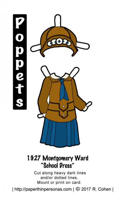 A printable 1927 paper doll dress with matching hat from paperthinpersonas.com. The dress is a "school dress" with a blouse and matching pleated skirt. The hat is a cloche with contrast trim.