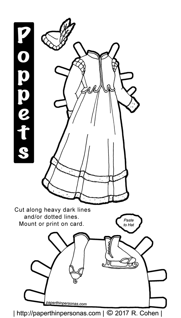 A fantasy princess ice skating paper doll dress for the Poppet's printable paper dolls from paperthinpersonas.com. Print it in color or black and white for free.
