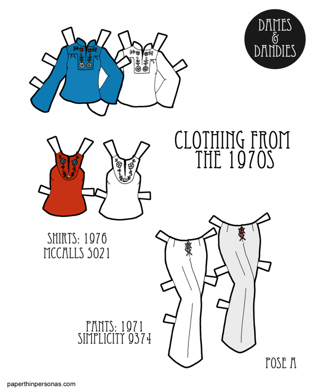 A set of printable paper doll clothing from the 1970s. A pair of tops and pants from home sewing patterns of the era. 