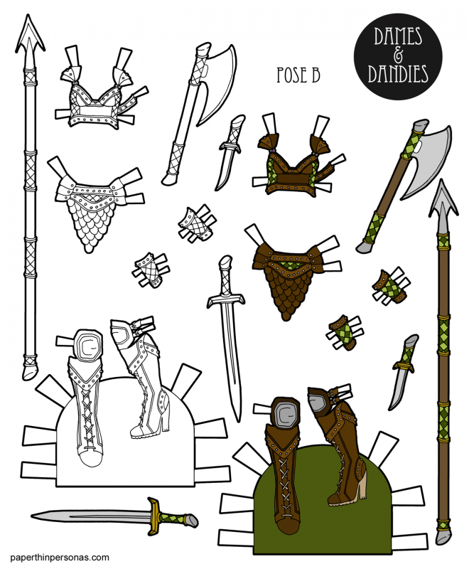 Pulpy ladies fantasy armor designed for the free printable paper dolls- Dames and Dandies from paperthinpersonas.com.