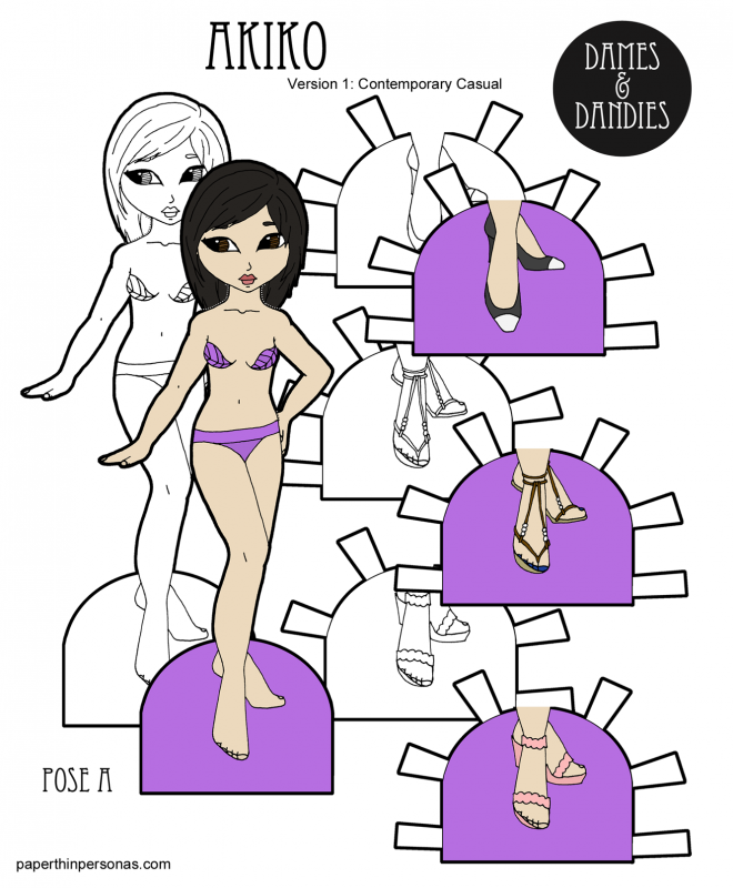 A super cute Asian paper doll with three pairs of shoes in color or black and white. Free to print from paperthinpersonas.com.