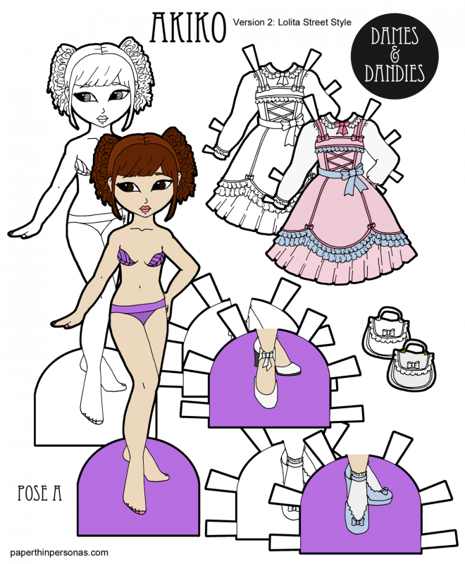 A Sweet Lolita paper doll with a ruffled dress, purse and two pairs of shoes in color or black and white for coloring. Free from paperthinpersonas.com.